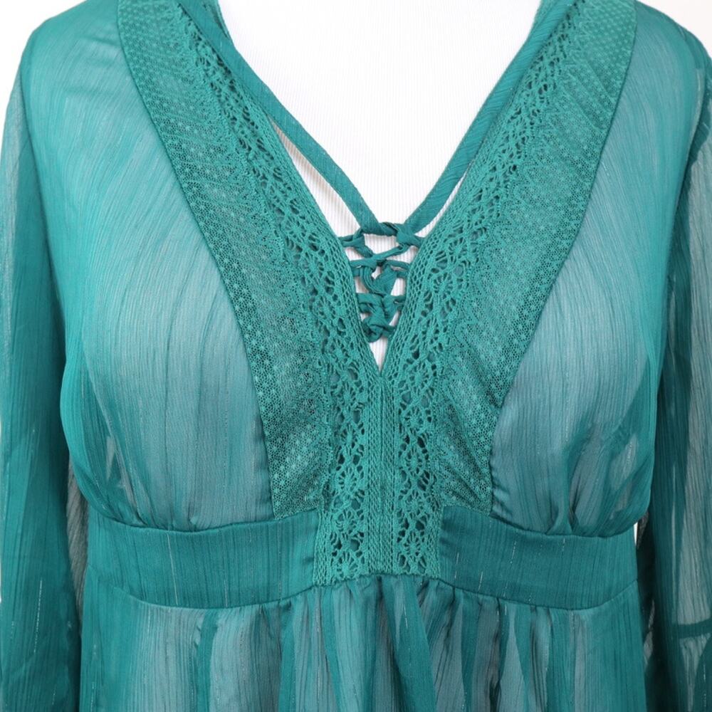 Torrid Size 0 L Babydoll Chiffon Blouse Bell Sleeve Lace-Up Green - Picture 8 of 12